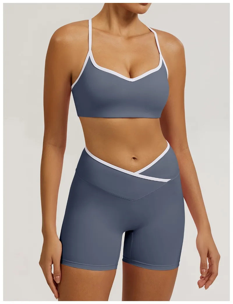 Ensemble Fitness Femme – Soutien-Gorge & Short Gainant Bleu devant