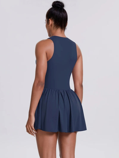 Combinaison Sport Fitness - Jupe et Haut Zippé - Bleu - Vue de dos