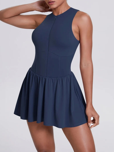 Combinaison Sport Fitness - Jupe et Haut Zippé - Bleu - Vue de face