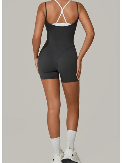 Combinaison Sport Short Sculptant et Moulant Gris  vue de dos