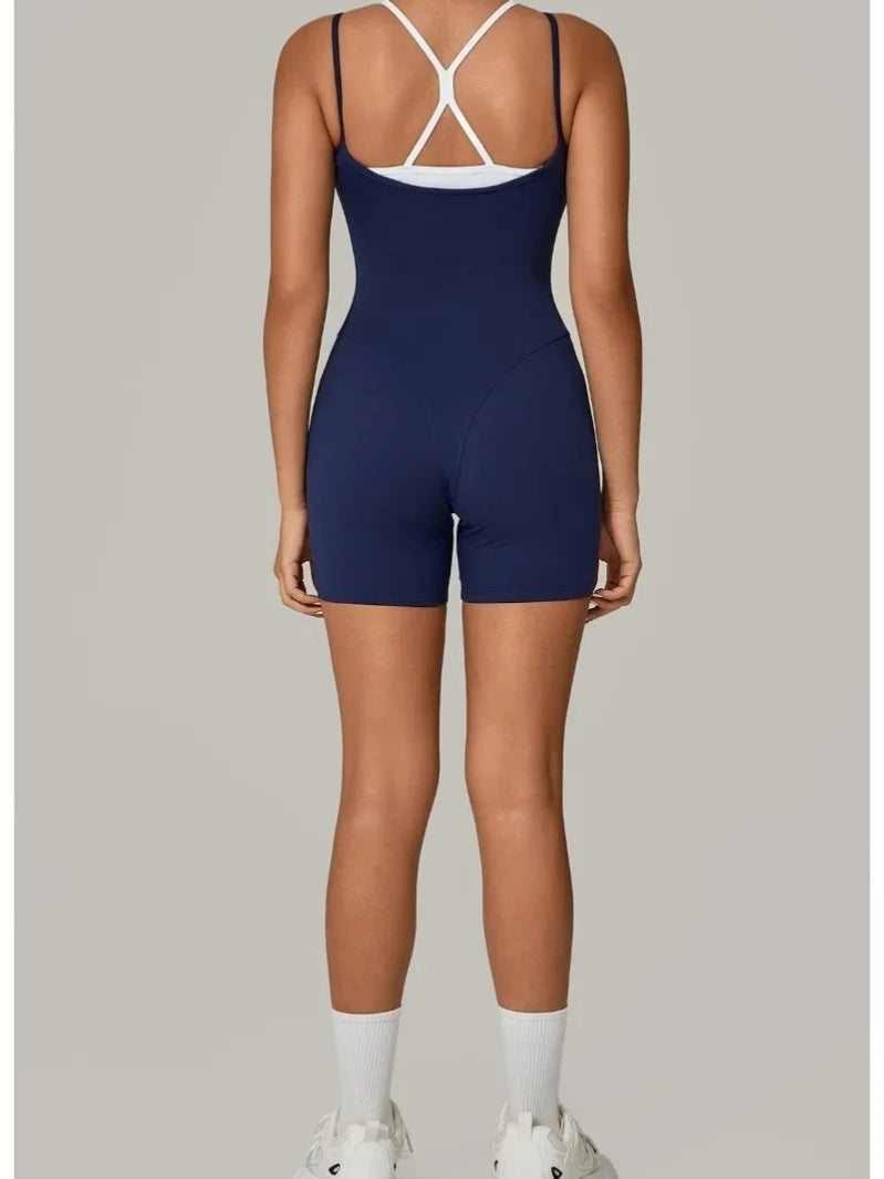 Combinaison Sport Short Sculptant et Moulant Bleu vue de derriere