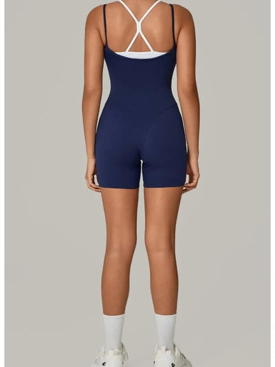 Combinaison Sport Short Sculptant et Moulant Bleu vue de derriere