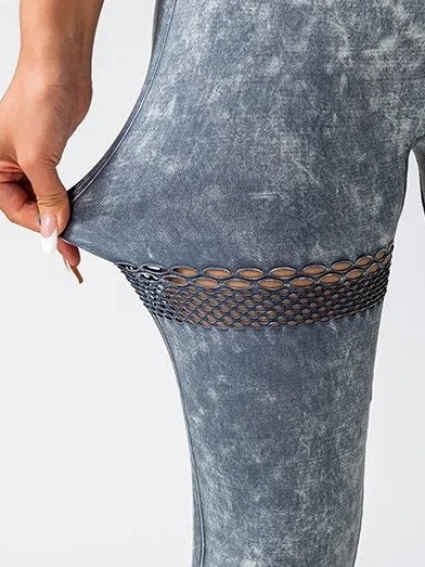 Legging Musculation Maille – Affinant, Sculptant Bleu vue de face et de la maille ouverte