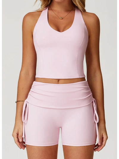 short fitness femme sculptant taille haute rose, vue de face