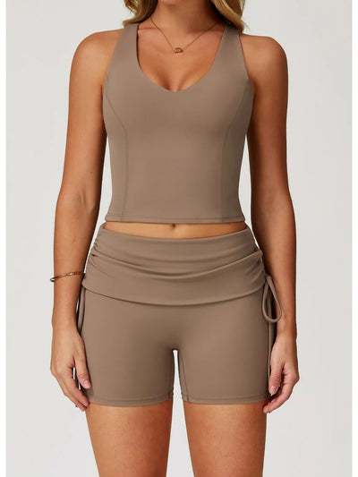 short fitness femme sculptant taille haute marron, vue de face