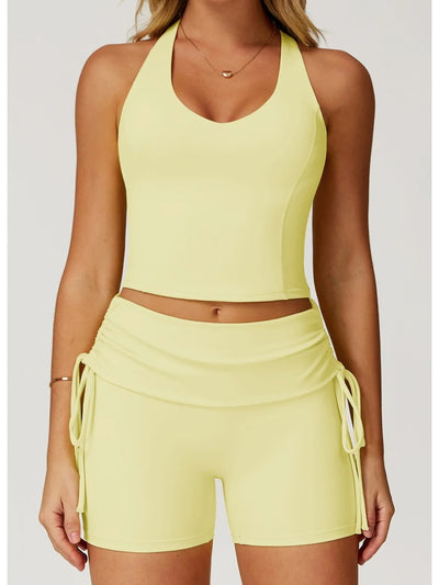 short fitness femme sculptant taille haute jaune, vue de face