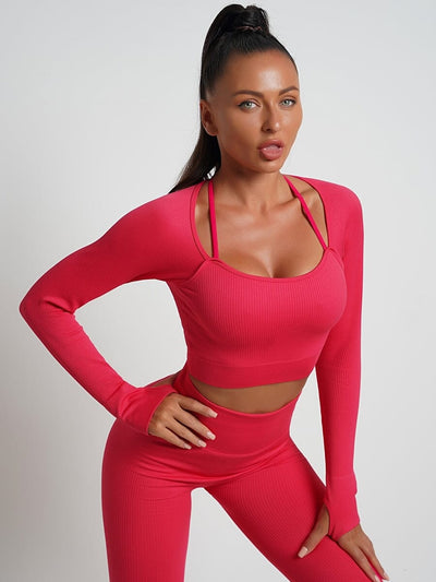 Crop Top Plissé Manches Longues Sport Crop Top Ultime Legging 