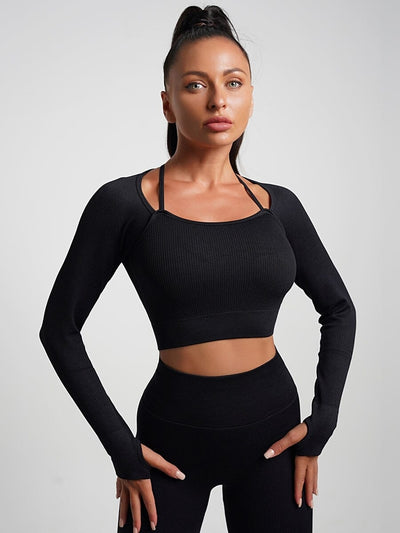 Crop Top Plissé Manches Longues Sport Crop Top Ultime Legging 