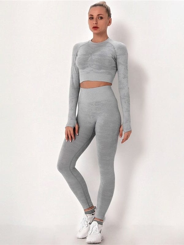 Ensemble Sport Camouflage Legging et Crop Top Ensemble Sport Ultime Legging : Legging Femme | Vêtements de Sport S Gris 