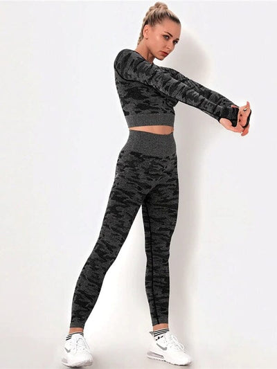 Ensemble Sport Camouflage Legging et Crop Top Ensemble Sport Ultime Legging : Legging Femme | Vêtements de Sport S Noir 