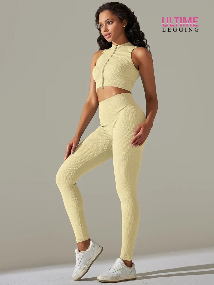 Ensemble Sport Legging Côtelé et Top Zippé - Ultime-Legging Ensemble Sport Ultime Legging S Beige 