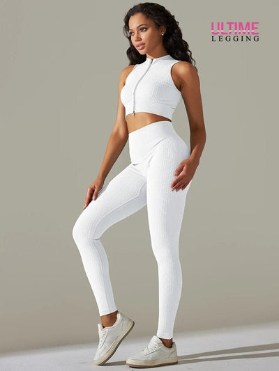 Ensemble Sport Legging Côtelé et Top Zippé - Ultime-Legging Ensemble Sport Ultime Legging S Blanc cassé 