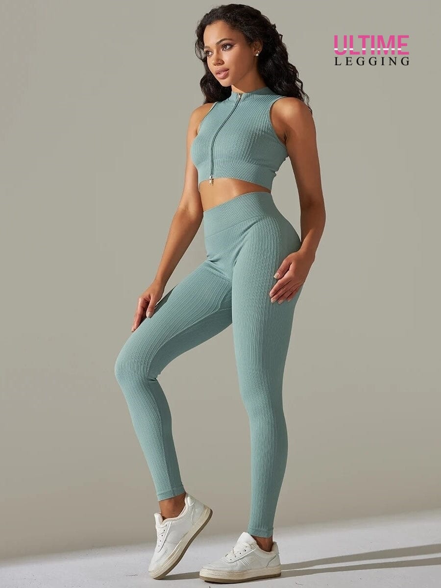 Ensemble Sport Legging Côtelé et Top Zippé - Ultime-Legging Ensemble Sport Ultime Legging S Bleu grisé 