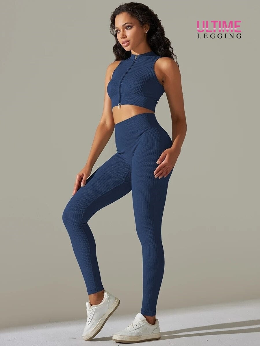 Ensemble Sport Legging Côtelé et Top Zippé - Ultime-Legging Ensemble Sport Ultime Legging S Bleu royal 