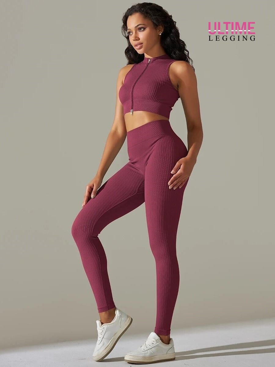 Ensemble Sport Legging Côtelé et Top Zippé - Ultime-Legging Ensemble Sport Ultime Legging S Bordeaux 