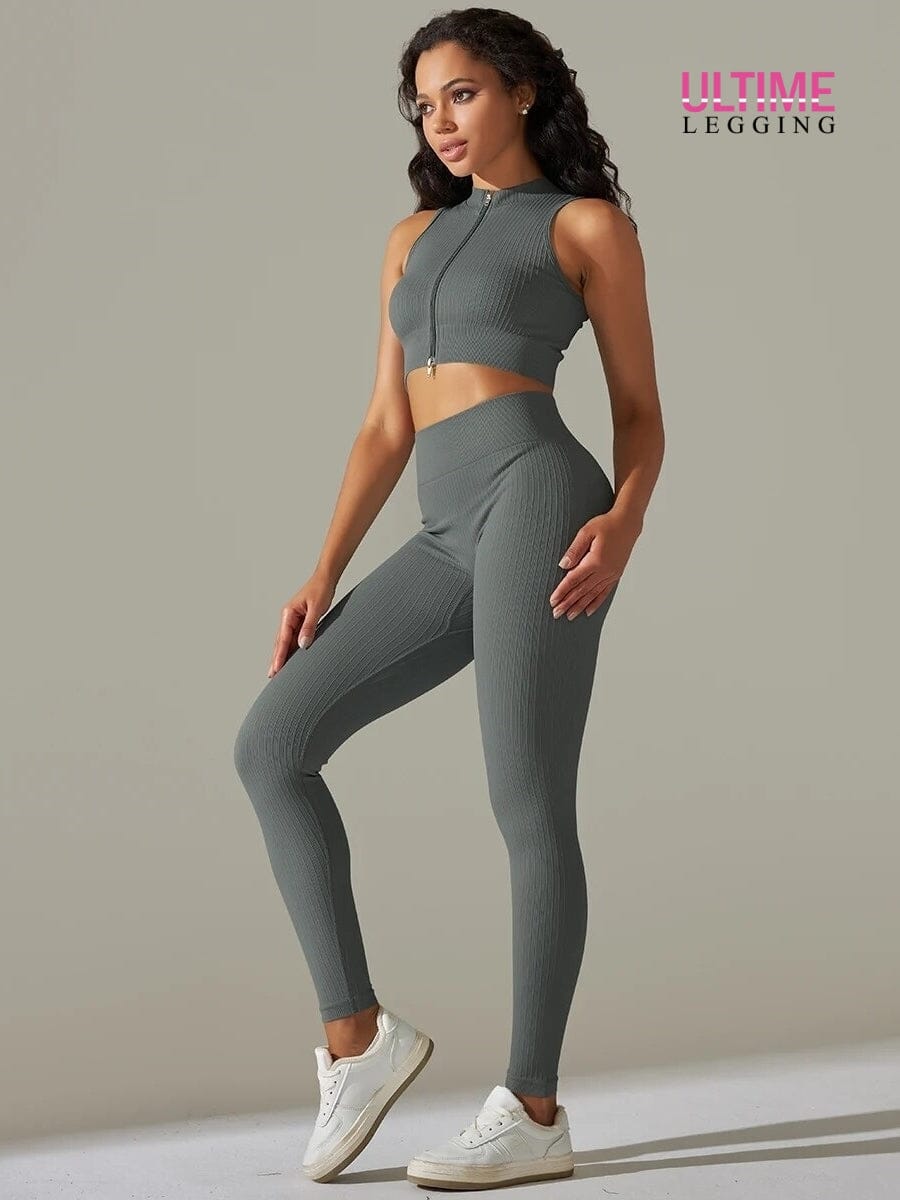 Ensemble Sport Legging Côtelé et Top Zippé - Ultime-Legging Ensemble Sport Ultime Legging S Gris 