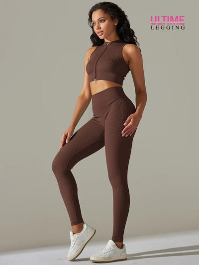 Ensemble Sport Legging Côtelé et Top Zippé - Ultime-Legging Ensemble Sport Ultime Legging S Marron 