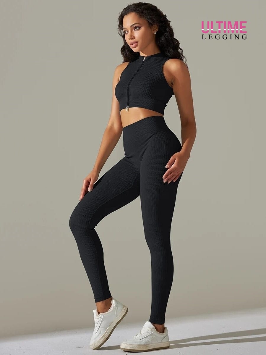 Ensemble Sport Legging Côtelé et Top Zippé - Ultime-Legging Ensemble Sport Ultime Legging S Noir 