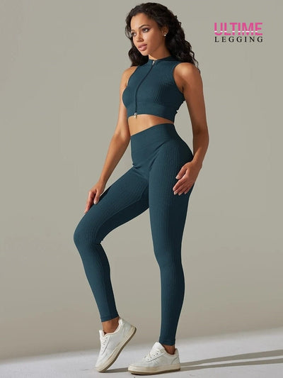 Ensemble Sport Legging Côtelé et Top Zippé - Ultime-Legging Ensemble Sport Ultime Legging S Vert sombre 