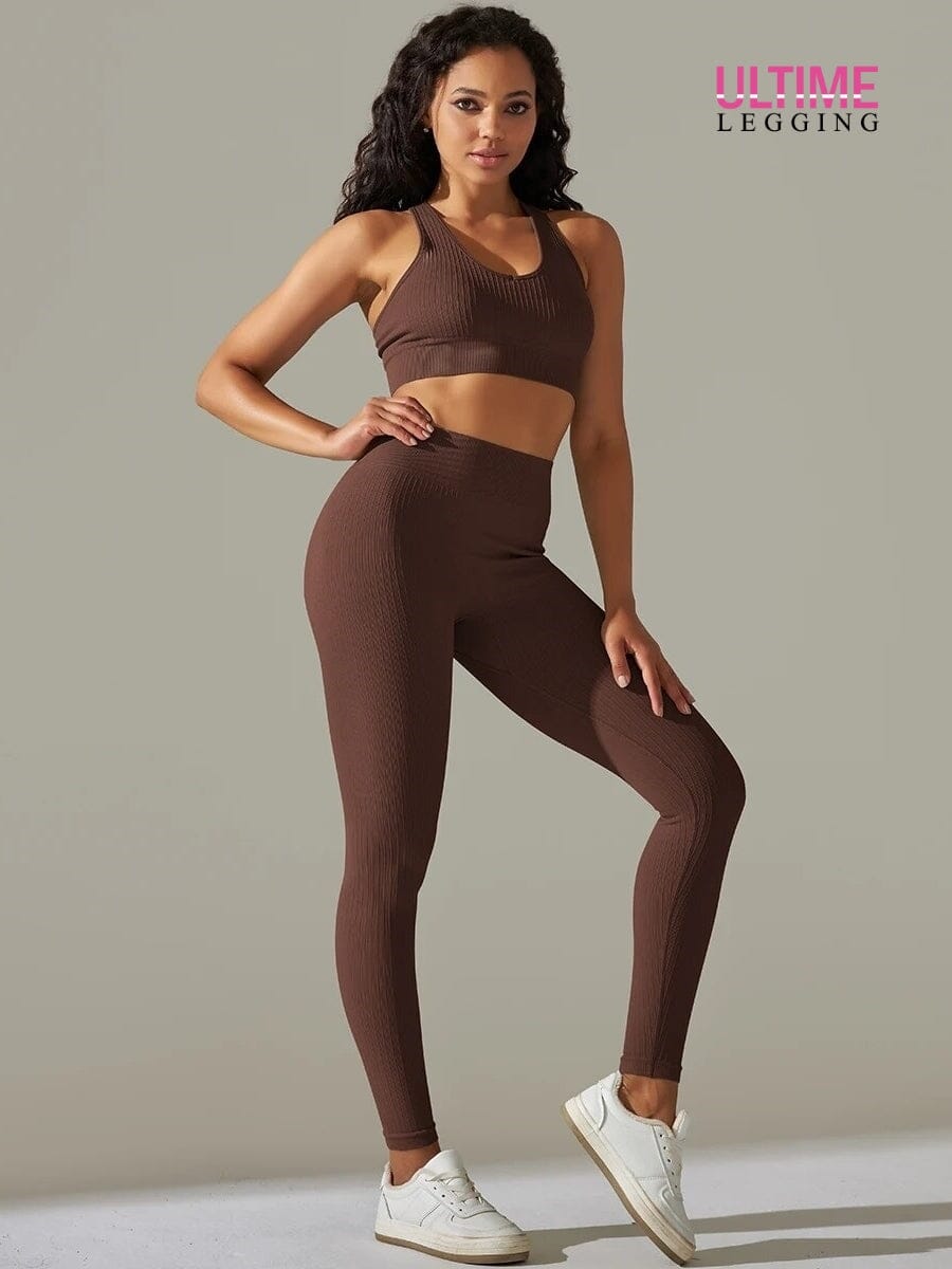 Legging et Soutien-Gorge Côtelé (Ensemble Sport) - Ultime-Legging Ensemble Sport Ultime Legging S Marron 