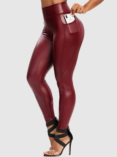 Legging Simili Cuir Poches Leggings Ultime Legging : Legging Femme | Vêtements de Sport S Bordeaux 