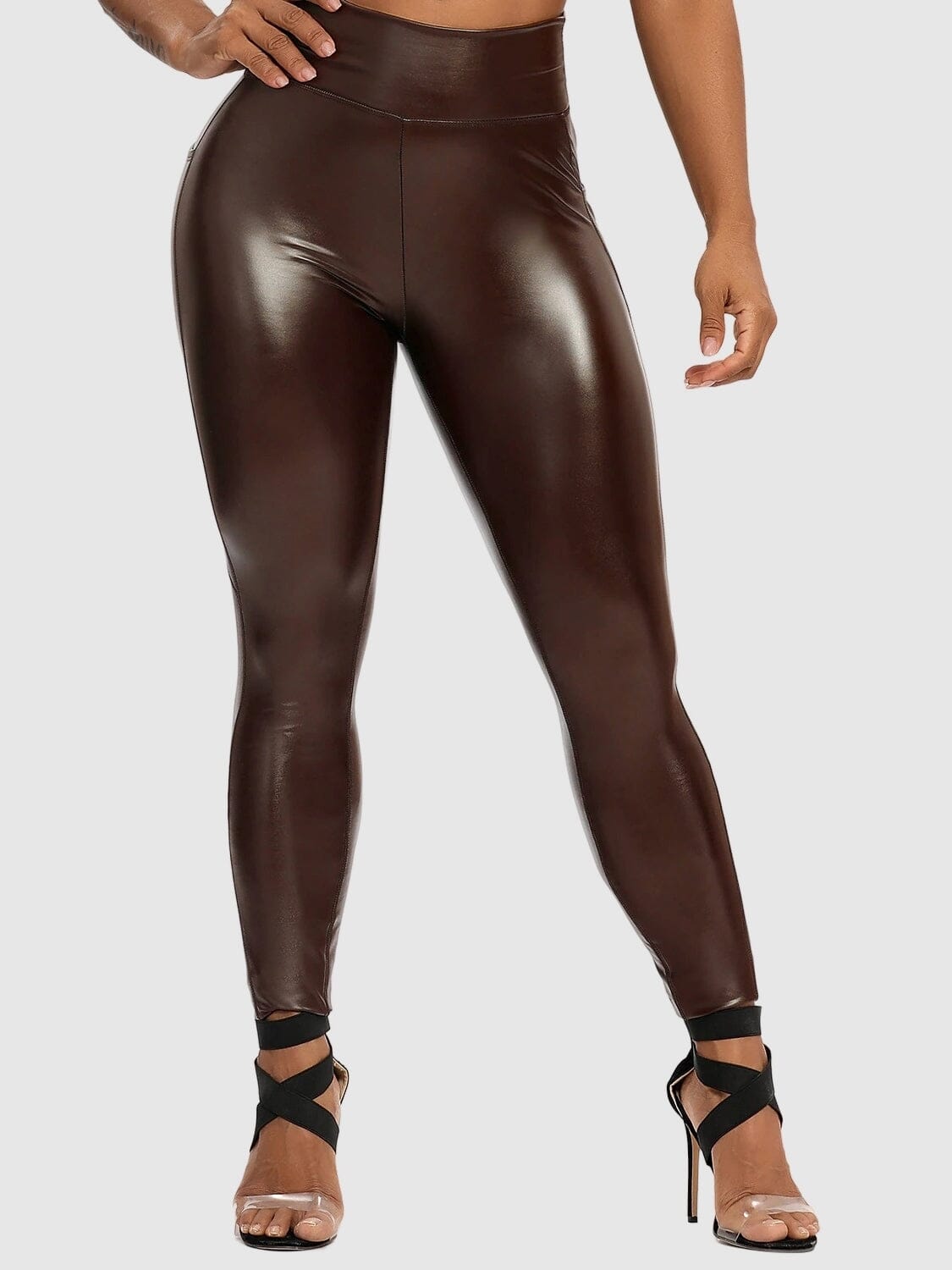 Legging Simili Cuir Poches Leggings Ultime Legging : Legging Femme | Vêtements de Sport S Marron 