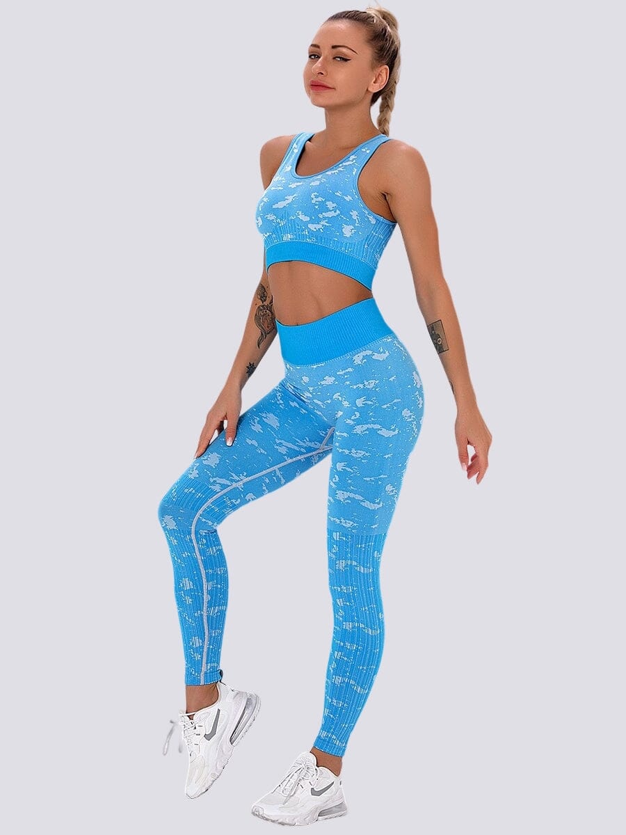 Ensemble sport brassière et legging imprimé Femme bleu en nylon