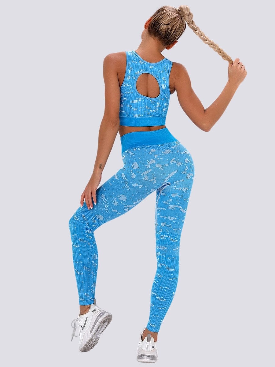 Ensemble sport brassière et legging imprimé Femme bleu en nylon